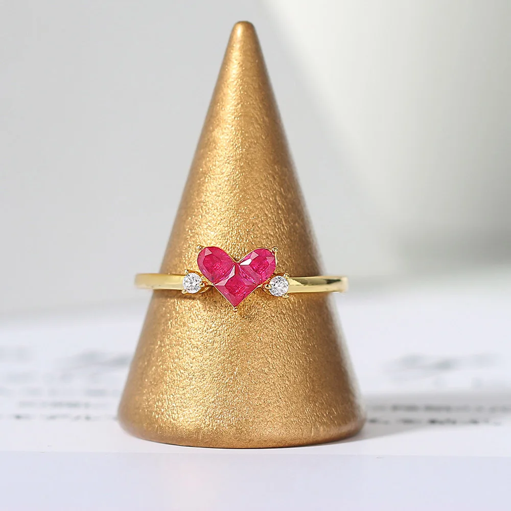 LAMOON 925 Silver Ring For Women Cute Sweety Heart Synthetic Corundum 14K Gold Plated Fine Jewelry Gift Japanese Style LMRI151