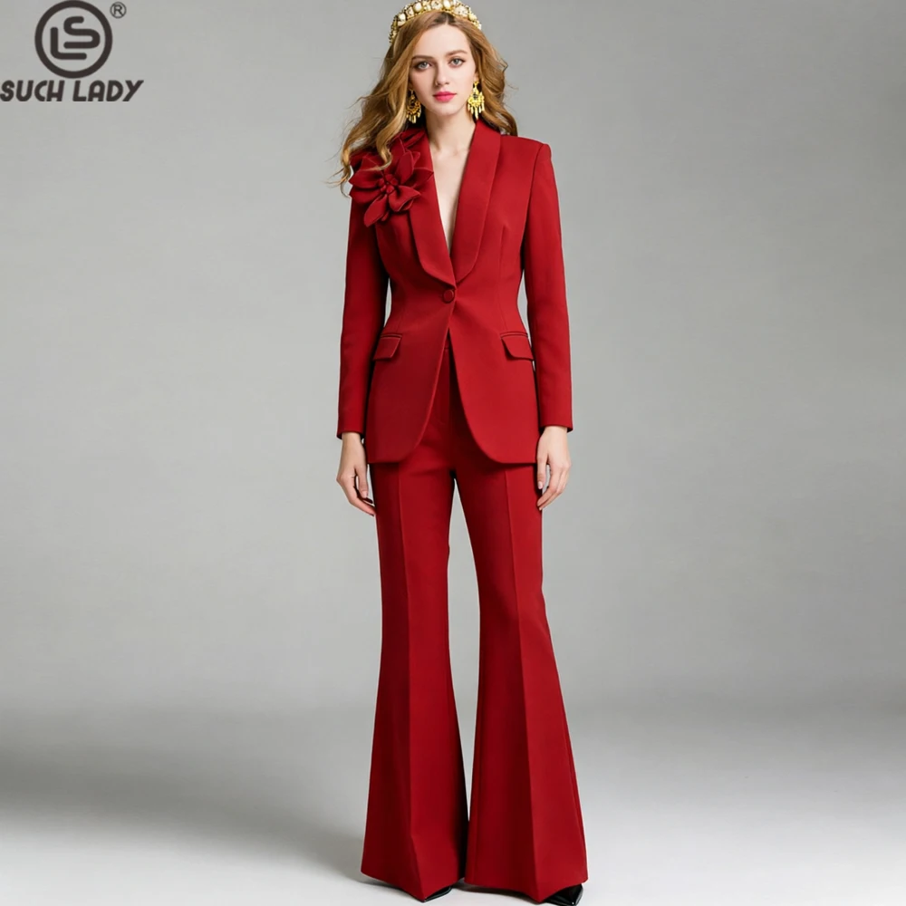 Women's Red Blazer & Flare Pants Set - Notched Lapel Long Sleeve Suit with 3D Floral Applique - Elegant Office Workwear Outfit