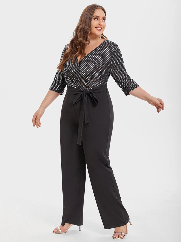 Plus Sized Clothing Chic Jumpsuit with Belt Women Patchwork Contrast V-Neck Long Sleeve Sequin Evening Host Jumpsui