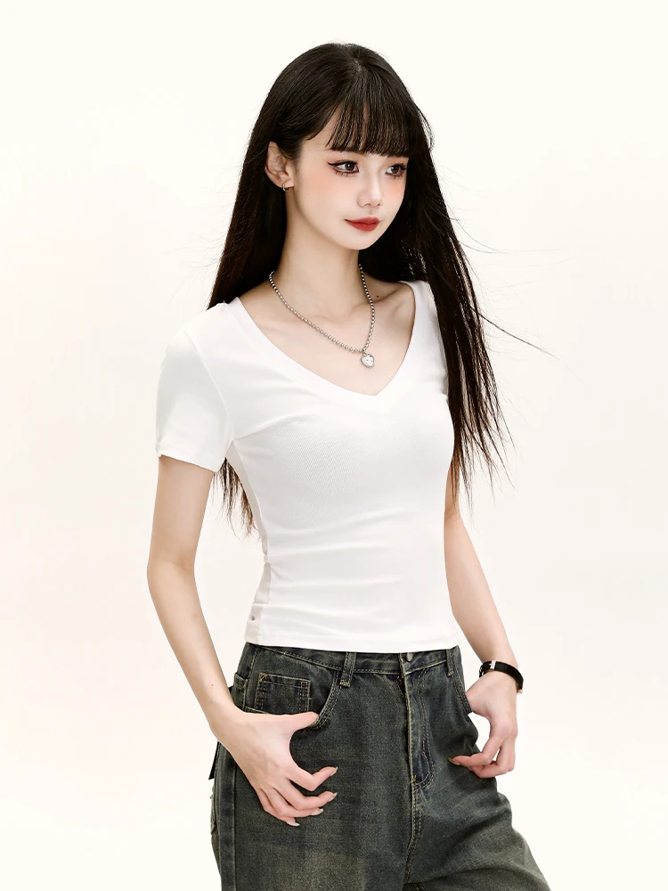 Slim Fit Pure Cotton Short Sleeve V-Neck T-Shirt Women's Summer Fashion Casual Top Shoulder Width Regular Cotton Tee