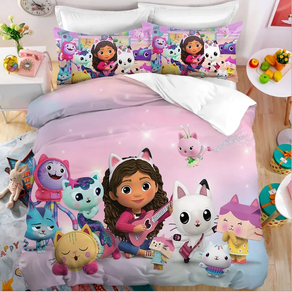 Kawaii Gabby Dollhouses Duvet Cover Set Children Cartoon Pillowcase Kids Anime Cute 3pcs Bedding Set Home Textile Accessories