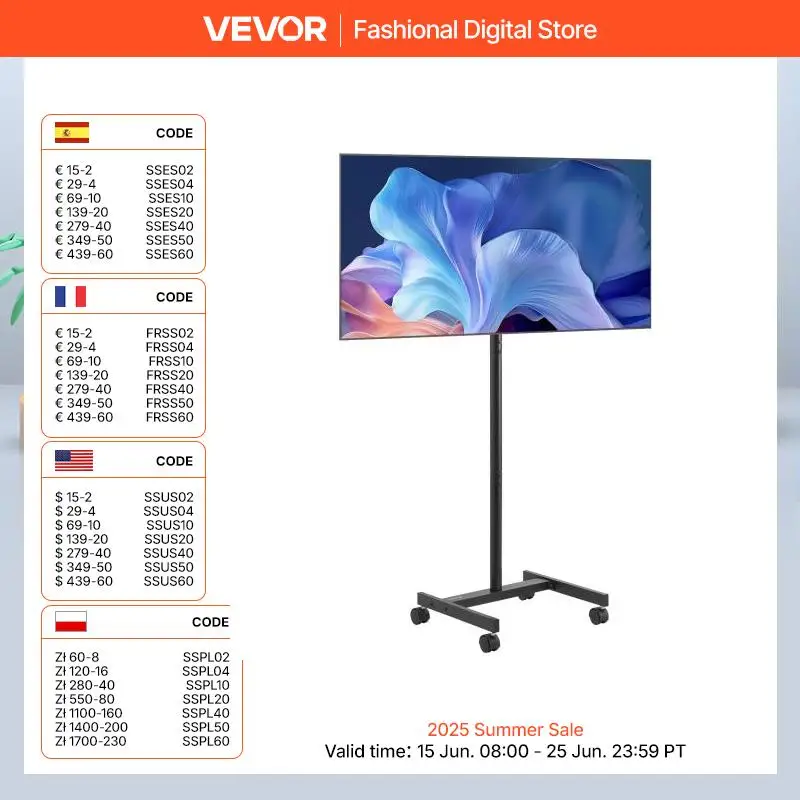 VEVOR rollbarer TV-Ständer Standfuß Fernsehstand für 431,8-1397 mm flach & Curved-TVs, tragbarer TV Bodenständer bis zu 20 kg (Max. VESA 200 x 200 mm) für Wohnzimmer Schlafzimmer Büro Outdoor