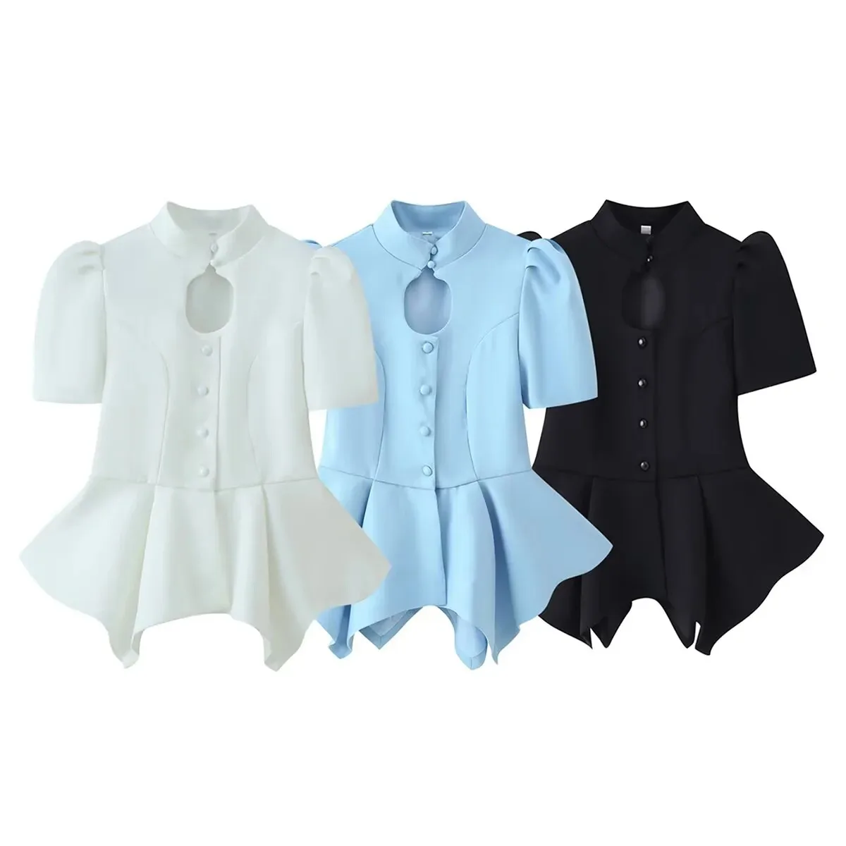 2026 new summer design niche stand-up collar short-sleeved hollow single-breasted top with temperament waist and slimming
