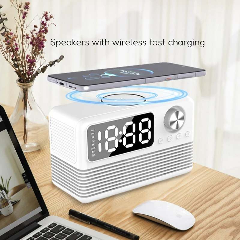 

Multifunction Mirror Bluetooth Speaker with Wireless Charging 15W Retro Speakers with Radio AM FM Alarm Clock Display for Hotel