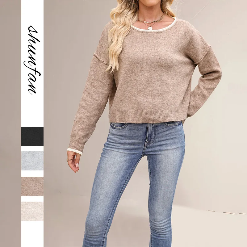 

New European and American Style Women's Fashion Hot Sale 2025 Autumn Winter Round Neck Color Block Knitted Sweater Loose Versati