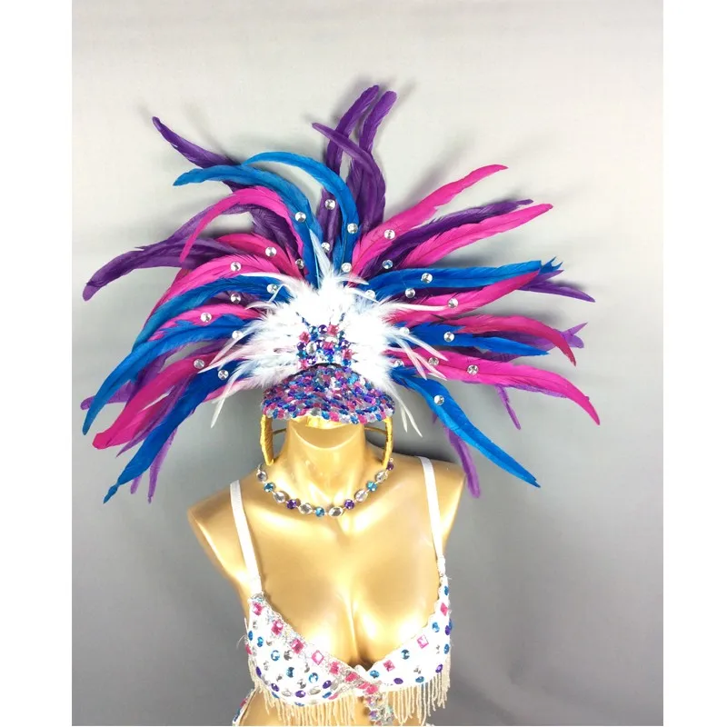 Hot selling Sexy Samba Rio Carnival Costume handmde new belly dance costume with white Feather Head piece