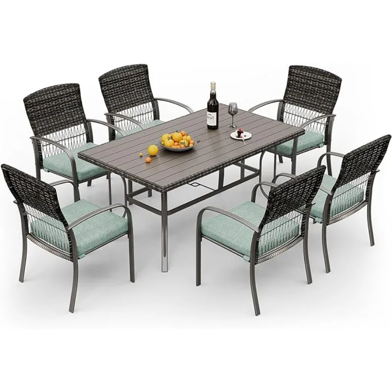 

8504 Patio Dining 7 Piece, Outdoor Wicker Furniture Set for Backyard Garden Deck Poolside/Iron Slats Table Top