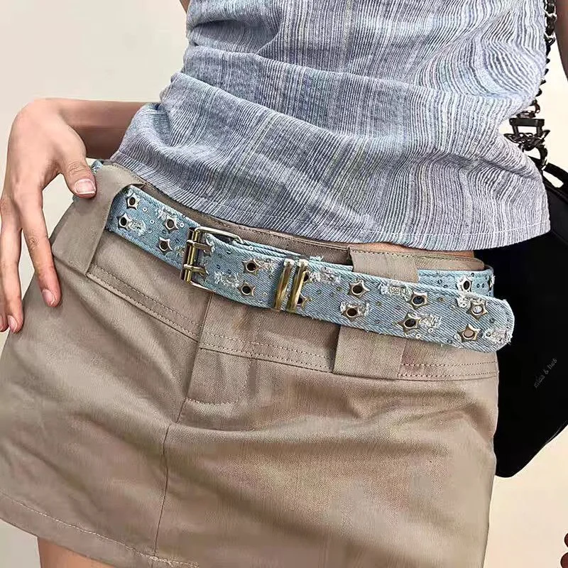 Fashionable Retro Style Millennial Denim Cool Punk Double-Breasted Belt Korean-Style Cool Girl Five-Pointed Star Decorated Belt