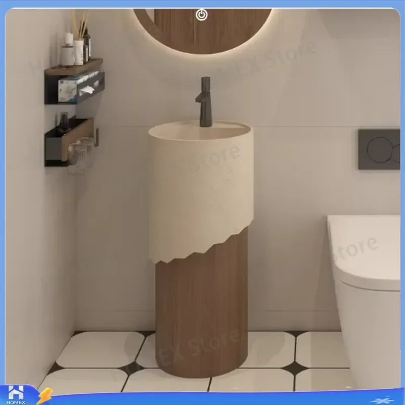 Yellow Travertine Artificial Stone Floor to Ceiling Freestanding Bathroom Sink Pedestal Wash Basin Modern Art Vanity for Home