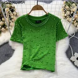 Nomikuma 2023 Summer Fashion Short Sleeve O-neck Slim Elastic Gothic Tee Shirts for Women Beads Korean Y2k Top Graphic T Shirts