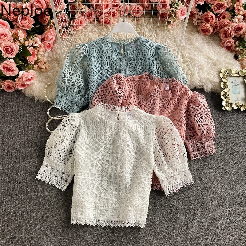 Blusas Mujer De Moda 2023 Vintage Puff Sleeve Blouses Hollow Out Crochet Floral Crop Tops Korean Summer Elegant Lace Shirts