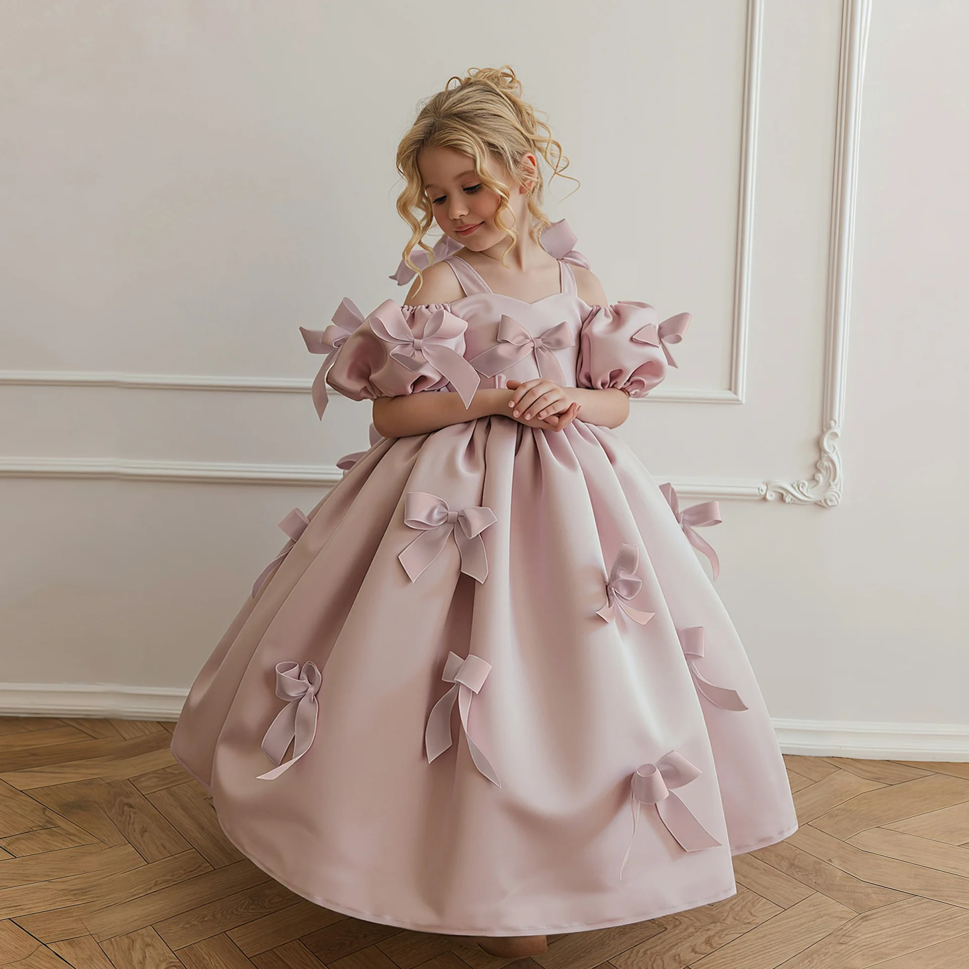 

Children's Bubble Sleeve Princess Dress Little Girl Birthday Party Long Evening Dress Performance Dress
