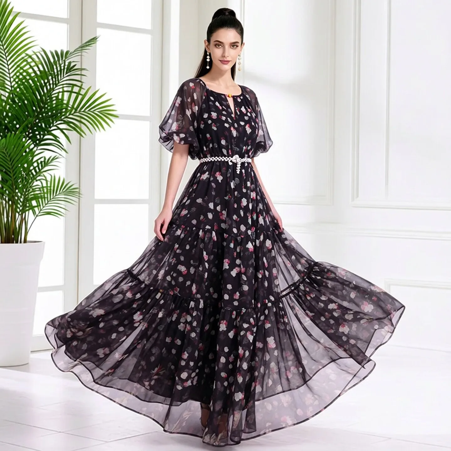 

Elegant Gentle Floral Print Chiffon Maxi Dress Women's Holiday Photography Beautiful Fairy Waist Cinched Beach Long Skirt
