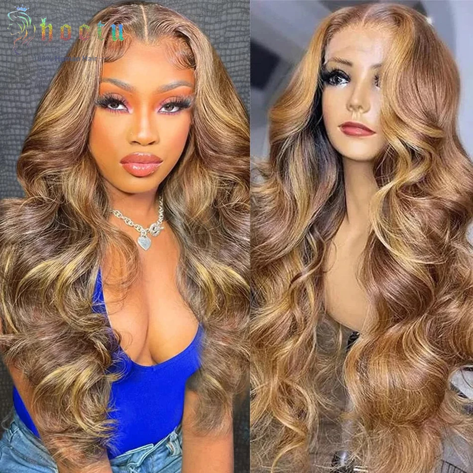 Hootu 13X4 Highlight Omber Frontal Preplucked Lace Human Hair Wig #P4/27 Colored 18-22 Inch Body Wave Lace Front Wigs Human Hair