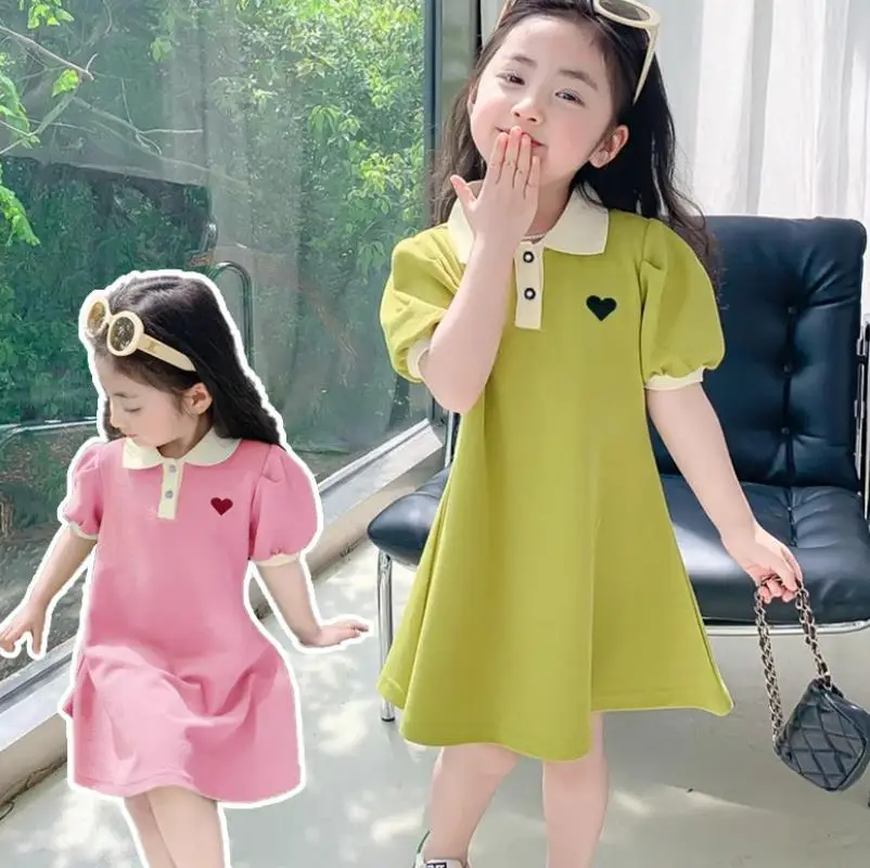 2024 New Children\'s Dress Korean Edition Girls\' Summer Bubble Sleeves Flip Collar Love Dress 1-10 Year Old Casual Princess Dress