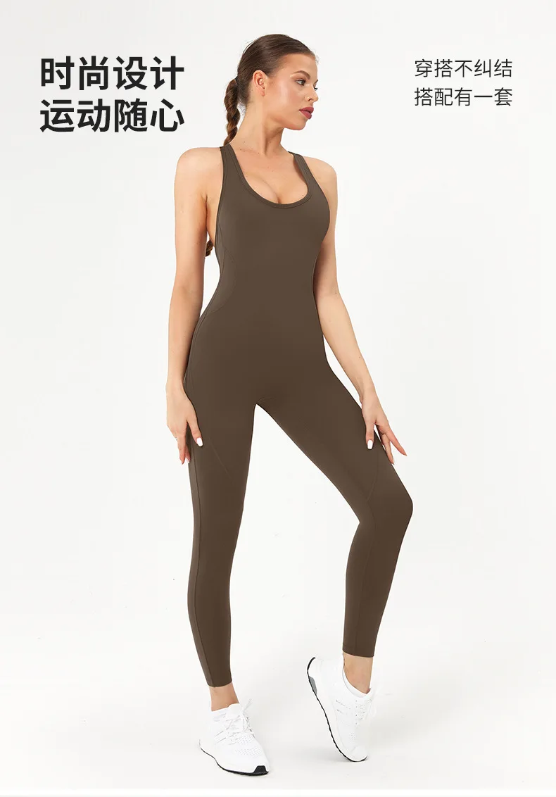 Tight Bodysuit Hollow Back Yoga Suit, High Elasticity Integrated Long Yoga Suit 8065