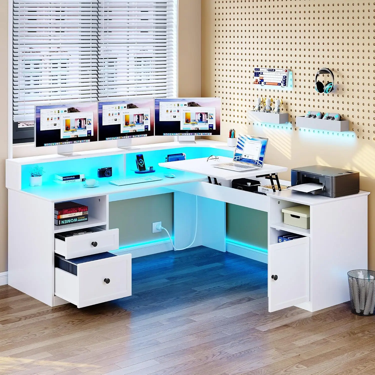 L-shaped desk with power outlet and LED lights, 60-inch corner computer desk with drawers and lifting top