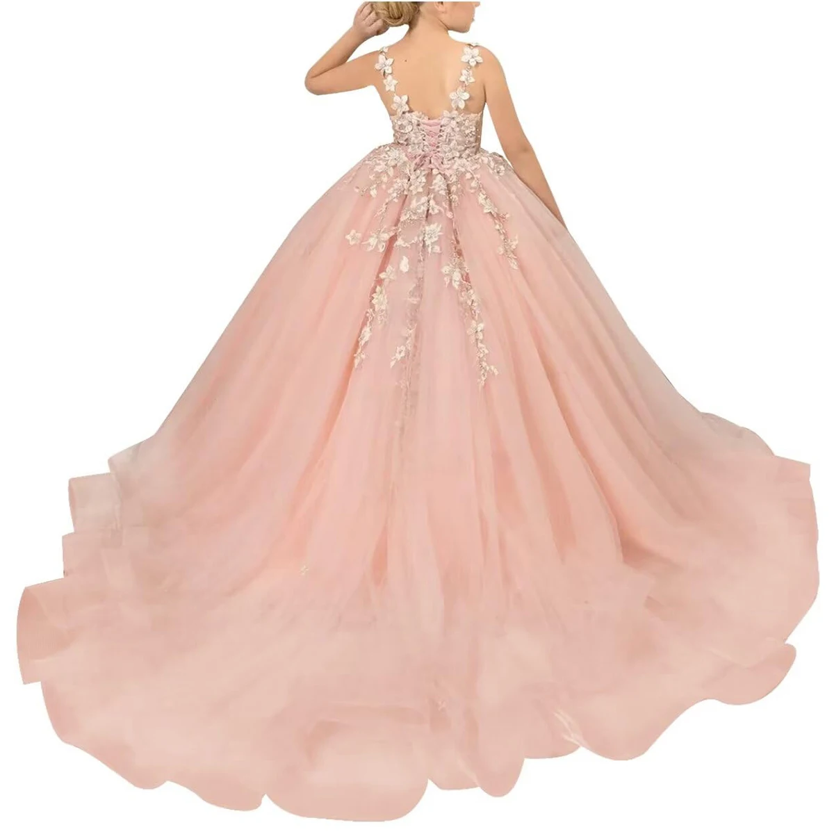 Vestidos elegantes de encaje para niña, vestidos de boda con tirantes para niño pequeño, vestido de desfile sin espalda, vestidos de fiesta de primera comunión de tul con volantes para niño