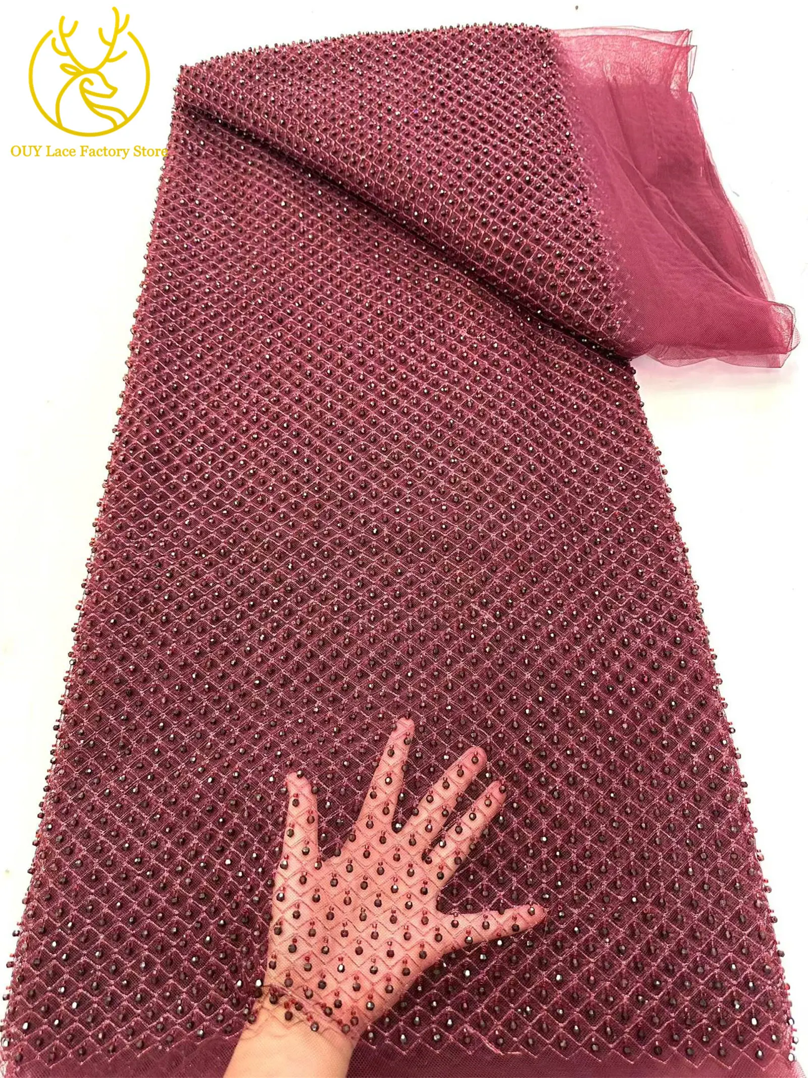 5 Yards Nigerianischer Stein-Tüll-Spitzenstoff, brauner afrikanischer Spitzenstoff, hochwertige französische Perlen-Pailletten-Spitze zum Nähen von Partykleidern – Detail 11