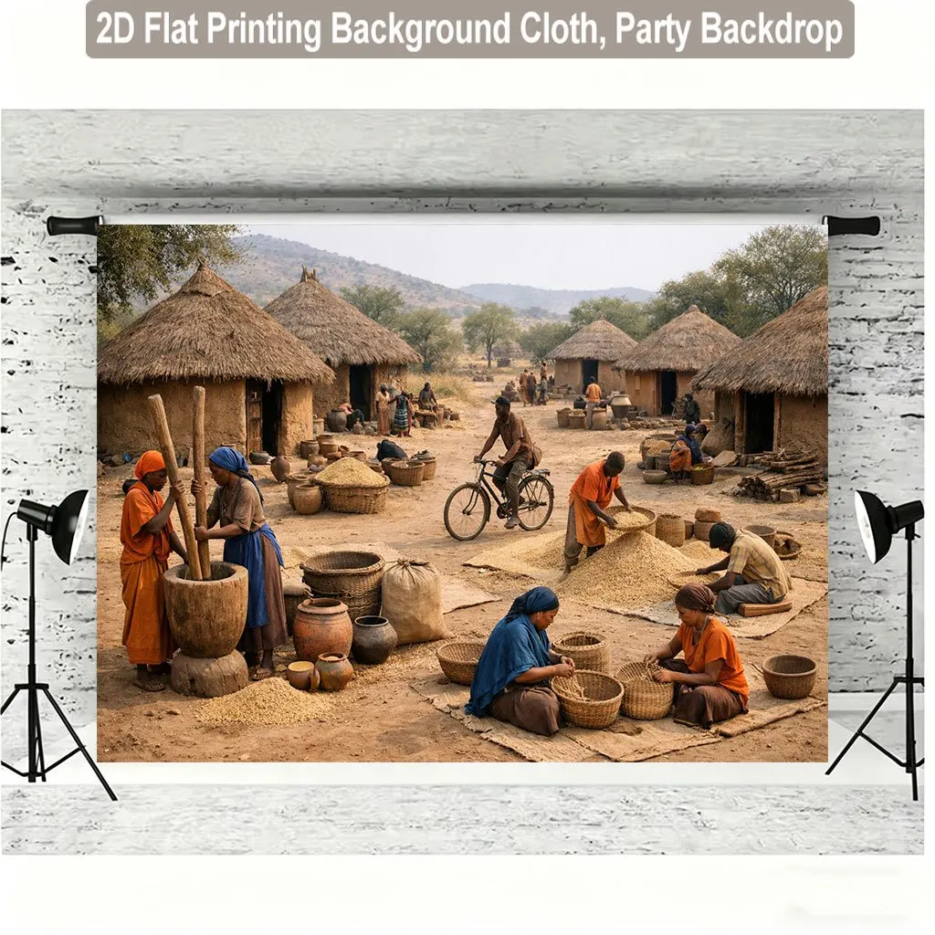 African Village Life Thatched Huts Traditional Culture 2D Flat Tapestry Backdrop For Living Room Decor Ethnic Wall Hanging Art