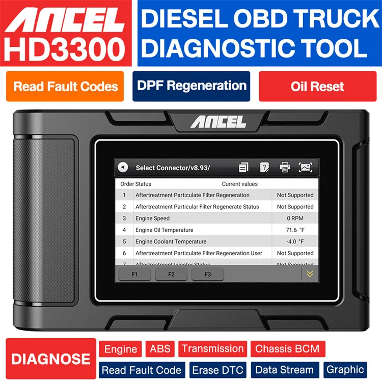 ANCEL HD3300 American diesel truck diagnostic instrument, code reading, code clearing, DPF regeneration, maintenance reset