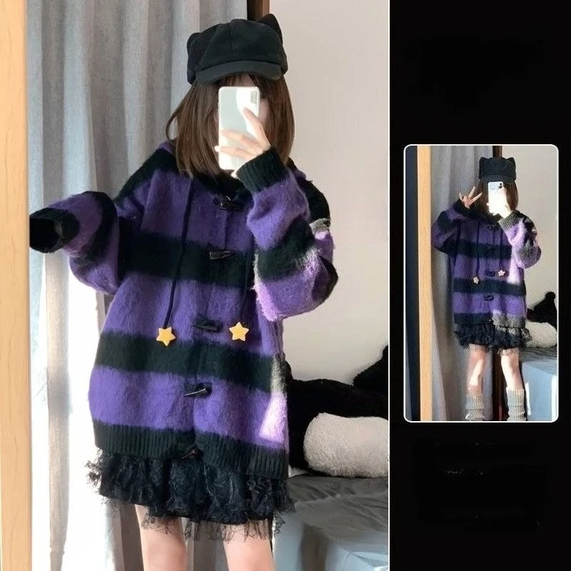 American Vintage Sweet Spicy Sweater Knit Patchwork y2k Long Sleeve Subculture stripe Fashion Casual Pullover Woman Autumn