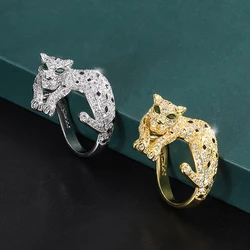 EYIKA Punk Rock Jaguar Panther Leopard Cubic Zirconia Open Ring for Women Men Gold Plated CZ Adjustable Couple Ring Jewelry Gift