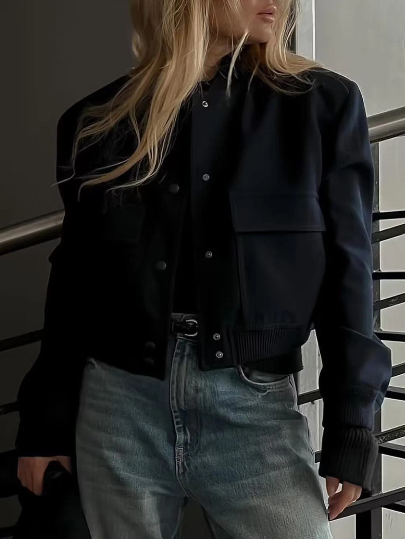 سترة الخريف النسائية عارضة عادي كم طويل البيسبول طوق زر من خلال مكتب سيدة معطف الاتجاه الموضة