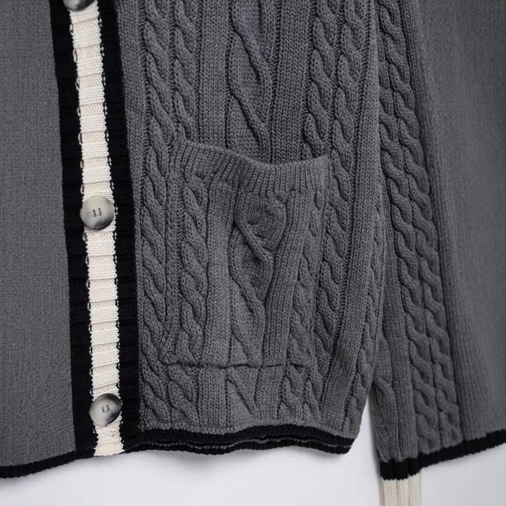 Damska kurtka z dekoltem w serek, dzianina w warkocze, hurt, styl europejsko-amerykański, ozdoba z materiału tulle, nowość na wiosnę