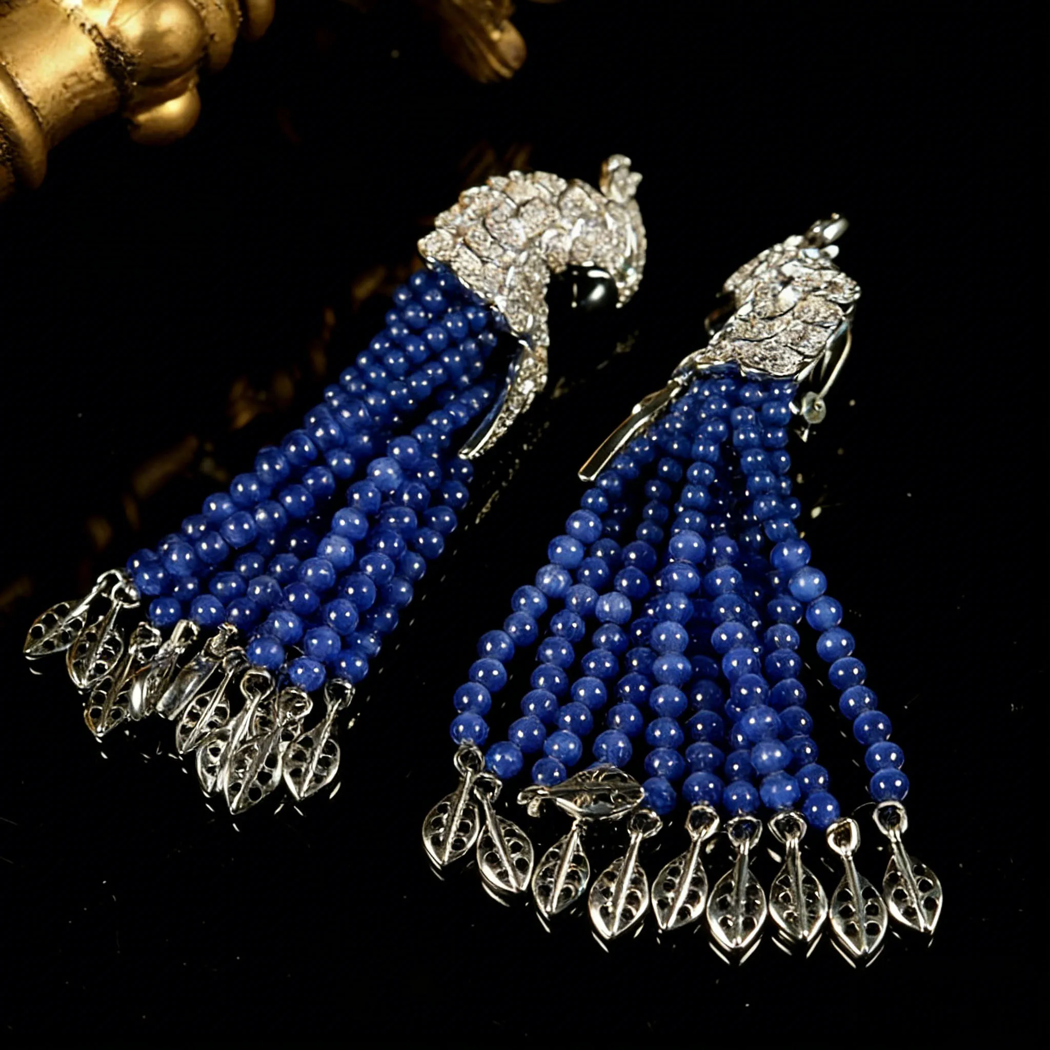 Vintage Parrot Earrings Copper Real Gold Plating Blue Crystals Tassel Drops Animal Bird Earrings Jewelry Birthday Gift for Women