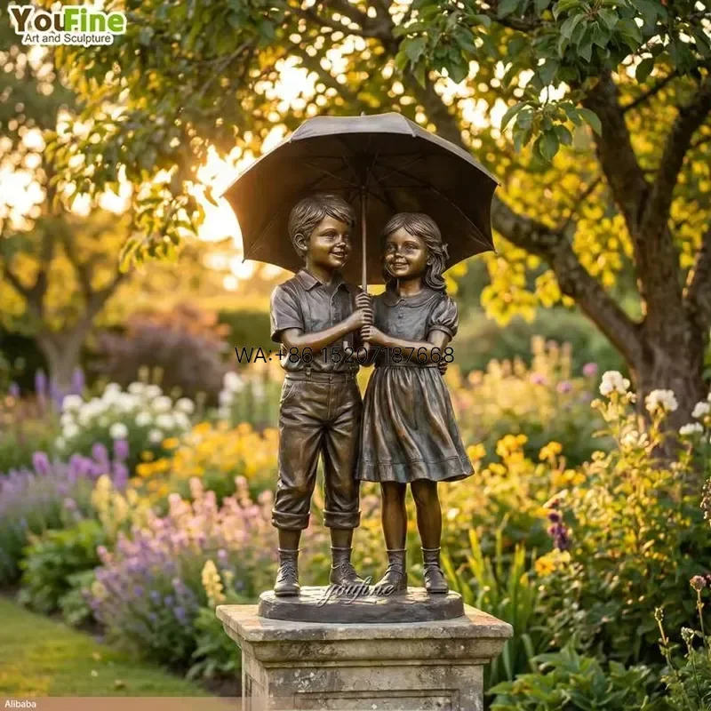 Wmwmnu for YouFine Custom Bronze Boy and Girl Umbrella Sculpture Outdoor Garden Romantic Art