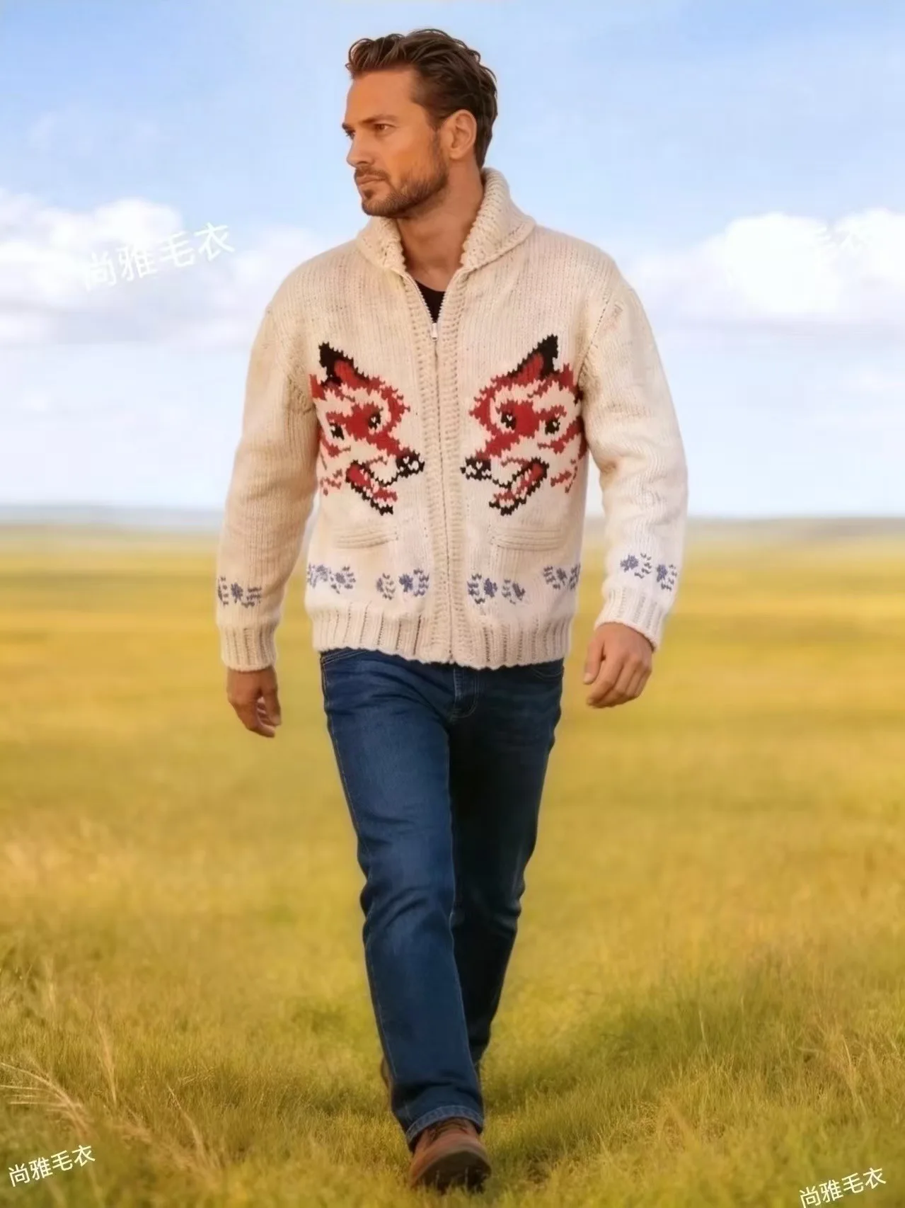 Men's Fox Plaid Knitted Sweater Blazer for Spring 2026 - Thick Knit with Zipper Closure Loose and Comfortable Style