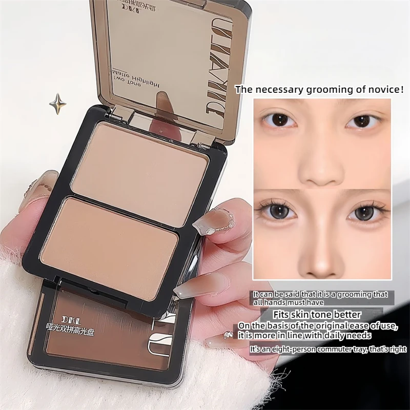 2 Tone Matte Contour & Shimmer Highlighter Palette – Dual Powder for Nose Shadow Eye Socket Brightening, Oil-Control Face Sculpt