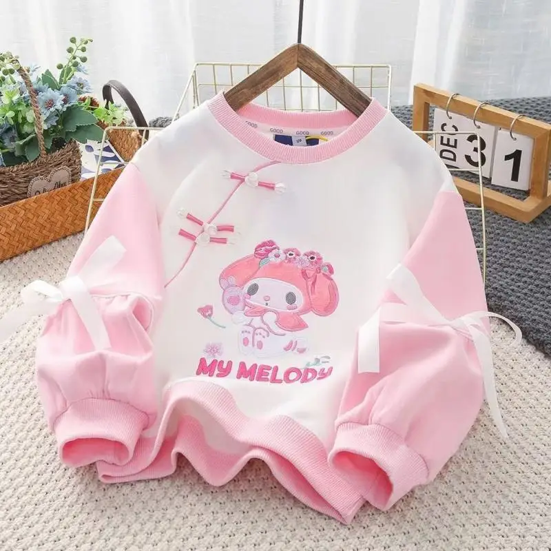 Sanrio Kids Round Neck Hoodie Anime Kuromi Autumn Knit Embroidery Sweatershirt Cute Slong Sleeve Outdoor Thin T Shirt Girl Gift