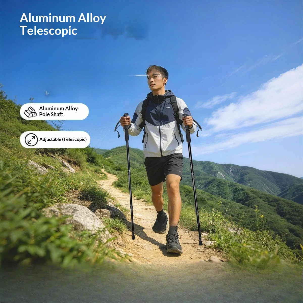 Lightweight aluminum alloy trekking pole with a three-section internal locking system, wear-resistant tip, suitable for hiking, trekking, and backpacking trekking stick trekking poles