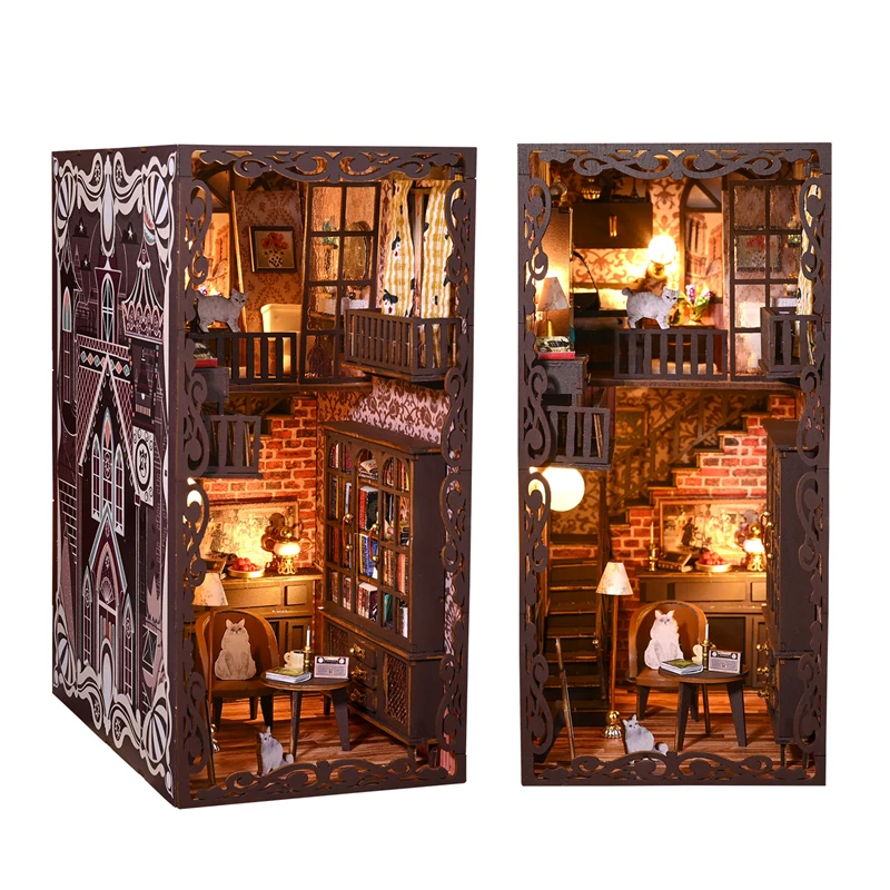 DIY Wooden Book Nook Shelf Insert Kits Miniature Model Kit No.9 Secret Castle Bookshelf With LED Light Bookends Friends Gifts