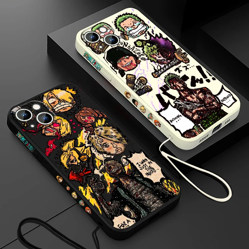 Anime O-Ones Pieces Phone Case For Apple iPhone 15 14 13 12 11 Pro Max Plus 8 7 SE Liquid Left Rope Capa Cover