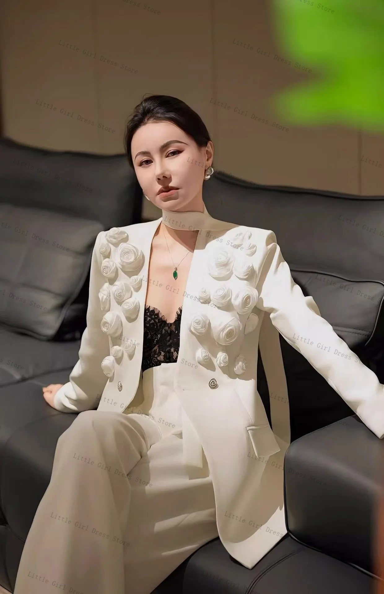 White Scarf Women Suit Set 2 Piece Blazer Pants Trouser 3D Flower Formal Office Lady Jacket Prom Wedding Bride Coat Customized