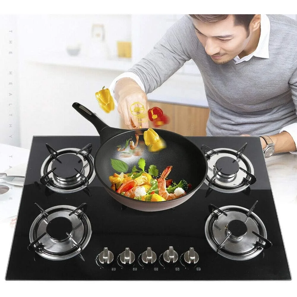 Table de cuisson à gaz intégrée 30x20 pouces, 5 brûleurs, table de cuisson en verre trempé, plaque de cuisson à gaz pour la cuisine