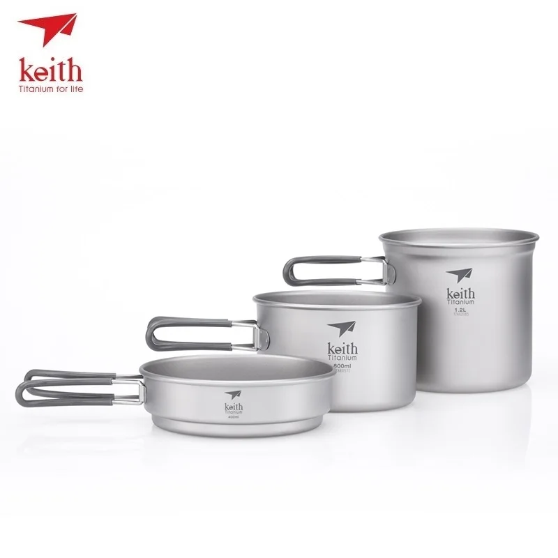 Keith Camping Cooking Set 3-Piece Titanium Pot Frying Pan Portable Outdoor Hiking Picnic Cookware Ti6014