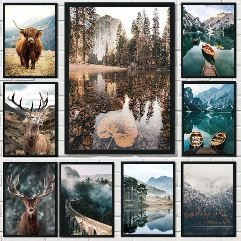 Nordic Natural Landscape Canvas Print Posters Animal Cow Deer Lake Snow Mountain Forest Railway Wall Art Painting Decor Pictures