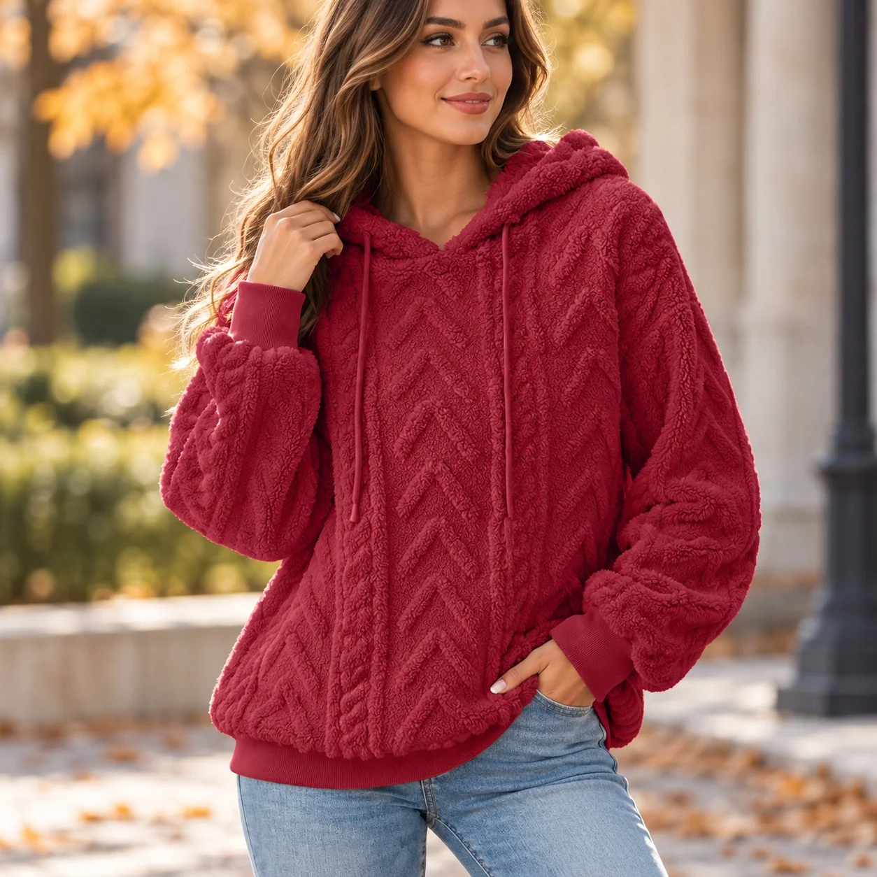 Hooded Patchwork Loose Fit Commuter Hoodie with Long Sleeve Diamond Pattern Thick Pullover Regular Sleeve Autumn Women Hoodie