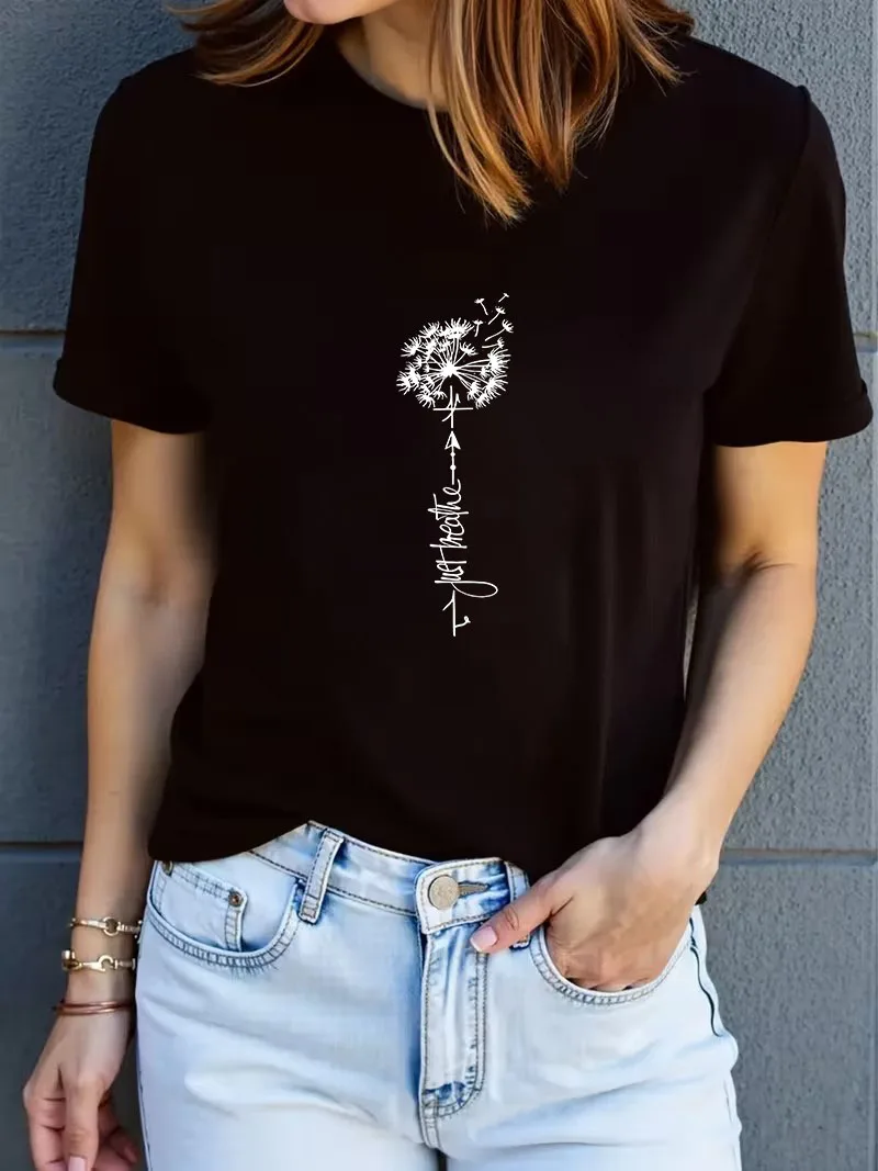 Y2k Just Breathe Dandelion Printed Women's Casual Short Sleeved Crew Neck T-shirt Summer Top Tee Graphic Shirt Woman Girls