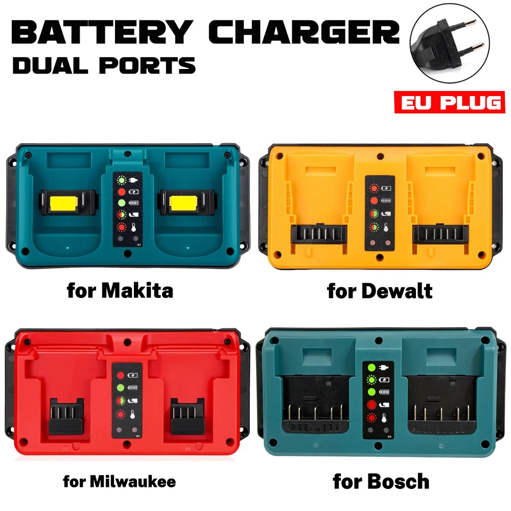 Dual Ports Charger Replacement for Makita/for Dewalt/for Milwaukee/for Bosch 18V Battery Charger,18V Charger Station,EU Plug