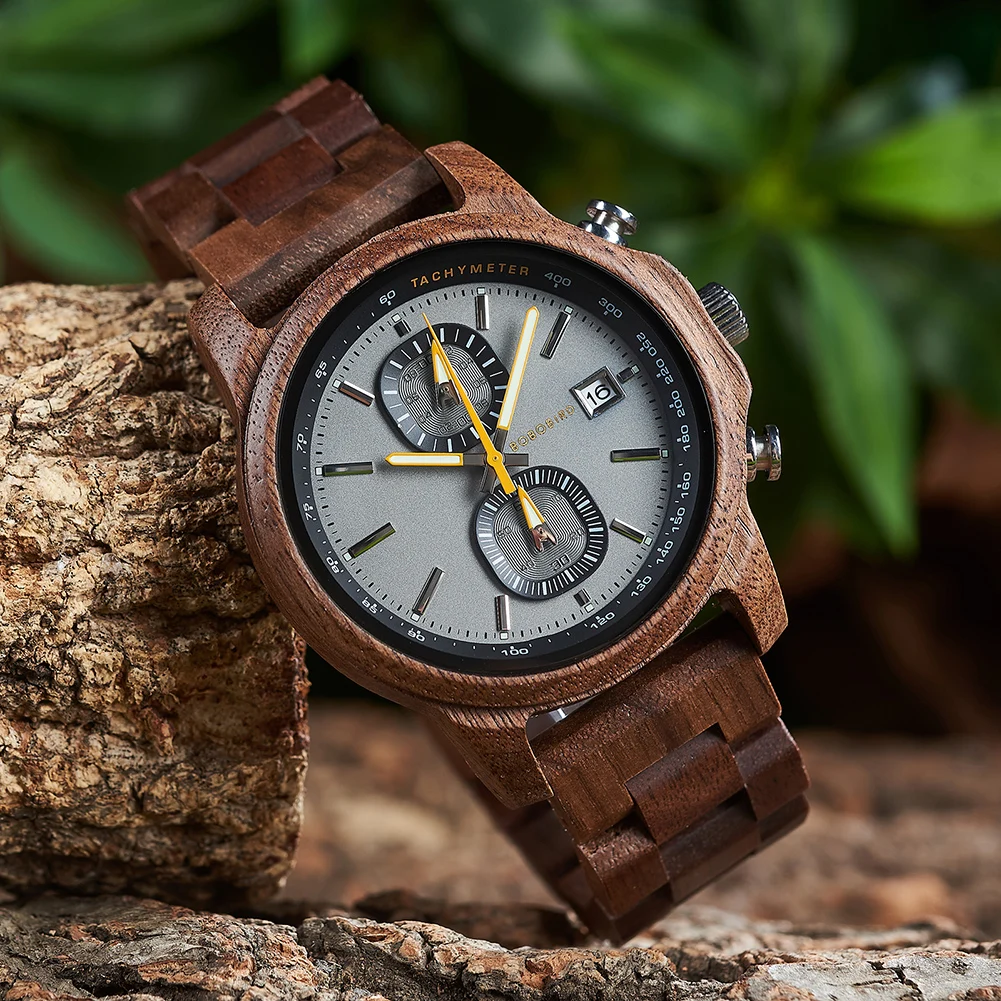 BOBO BIRD Reloj de Madera Hombres Relojes de Lujo Cronógrafo Auto Fecha Hombre Relojes de Pulsera de Cuarzo Gran Regalo para Hombres Custom