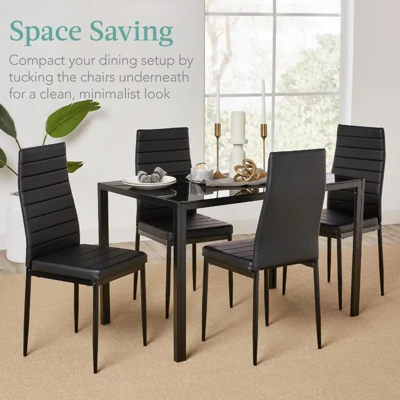 Home.5-Piece Glass Dining Set, Modern Kitchen Table Furniture for Dining Room, Dinette, Compact Space-Saving w/Glass Tabletop