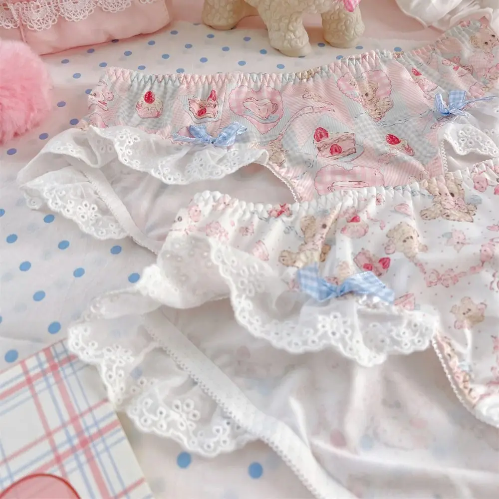 الحلو نقطة Bowknot الدب سراويل منخفضة الخصر الكرتون مقوس دانتيل ملخصات السروال لوليتا كشكش سراويل النساء سيدة #3