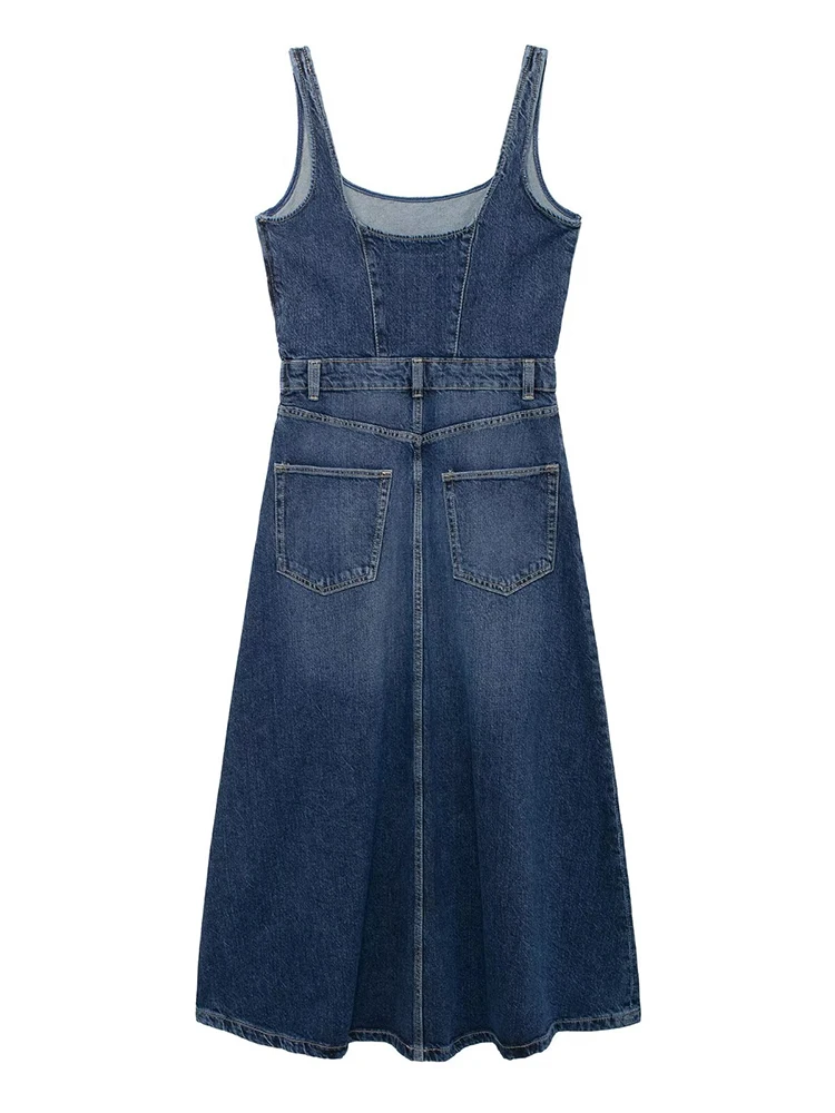 Willshela Women Fashion Denim Blue Side Zipper Backless Midi Dress Vintage Straps Square Collar Female Chic Lady Dresses