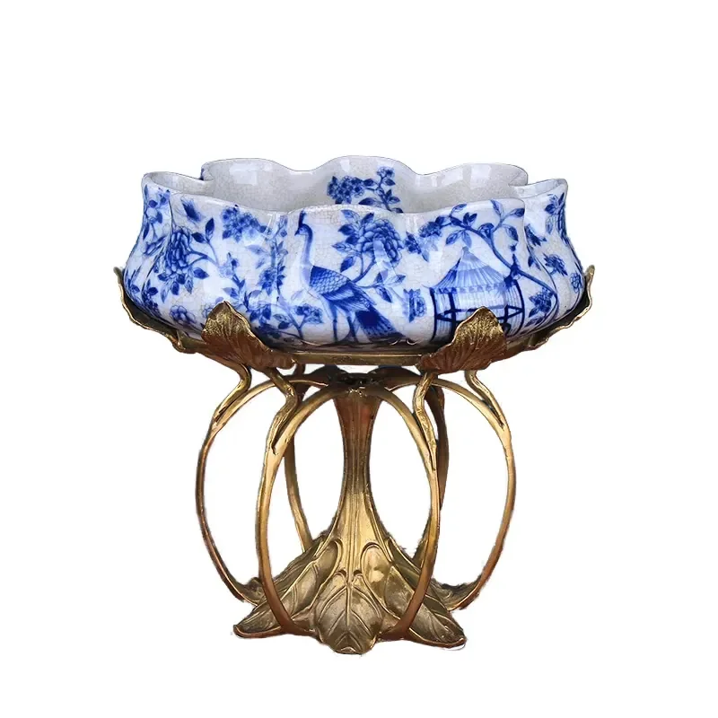 Lotus Blue and White Porcelain Fruit Bowl New Chinese Style Home Decoration Ceramic Earthenware With Blue Enamel Pattern