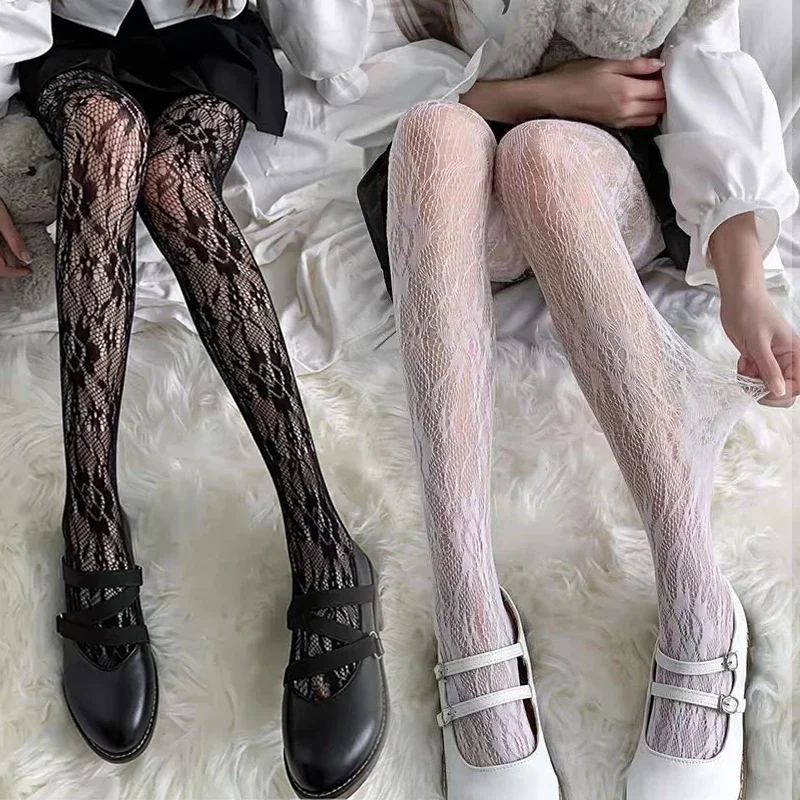 Bas en maille de dentelle évidée Lolita, collants à fond, bas en rotin floral gothique japonais, collants classiques chauds, sexy, nouveau, 2024